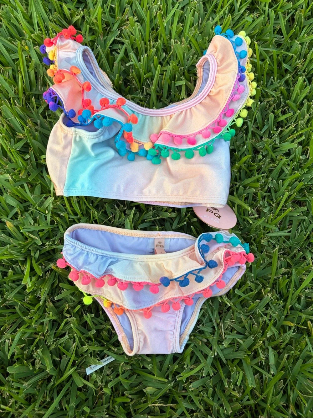 NWT PQ Girls Golden Hour Pom Pom Bikini Set Size 4 Rainbow Ruffle MSRP $78